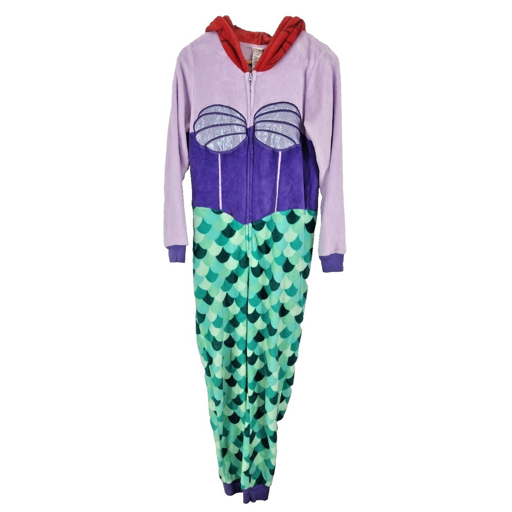Disney Ariel Little Mermaid Hooded Union Suit Fleece Pajamas Purple Green M 8-10